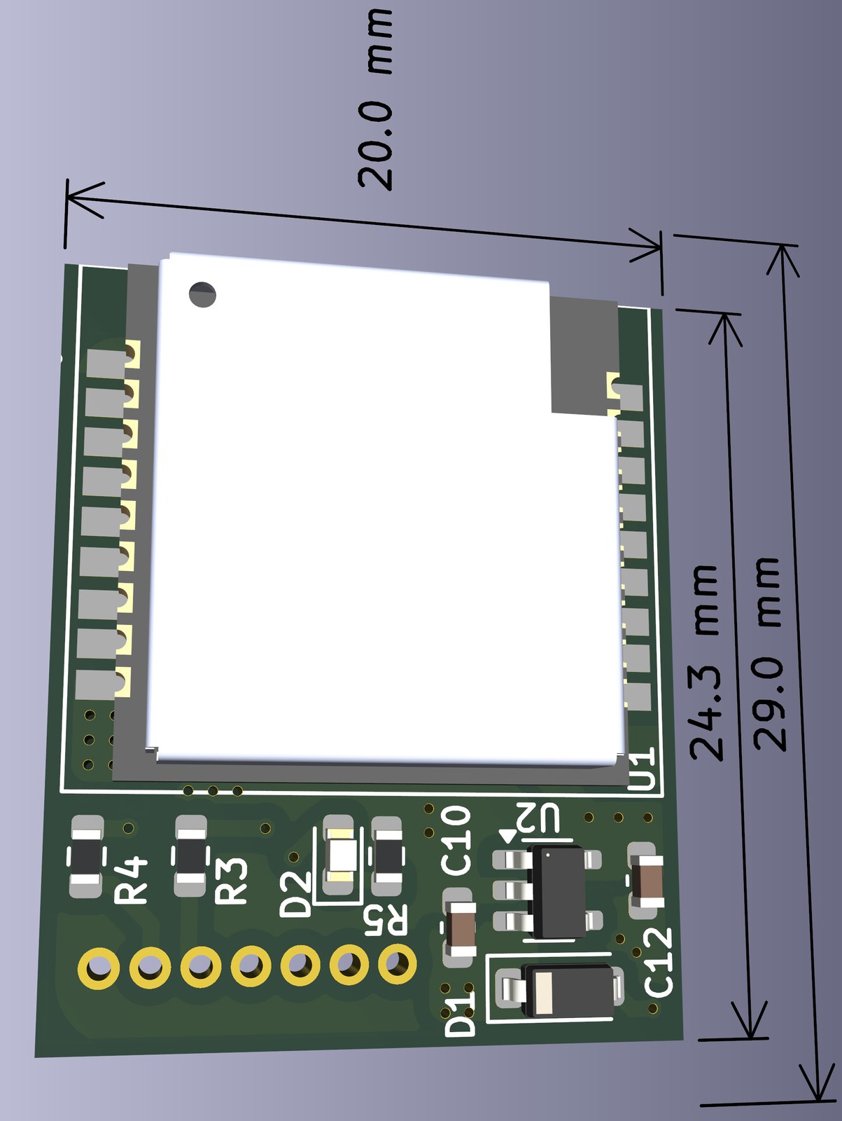 KiCad 3D render of the Mini LoRa Tx BPC